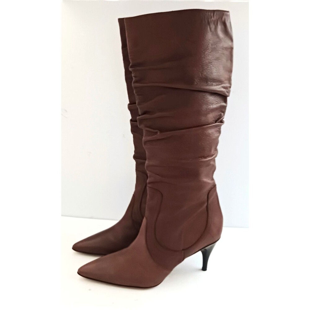 Via Spiga Cognac Brown Slouchy Leather Knee High Boot Kitten Heel Italy 37/US 7